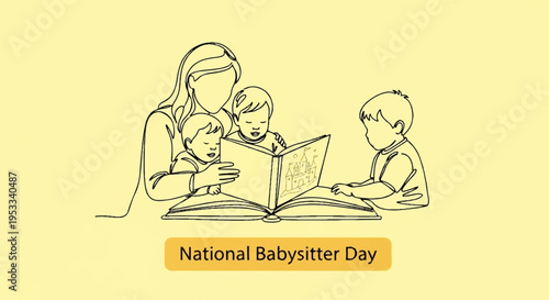 Mother and babysitter reading with baby on national babysitter day with kids and dog