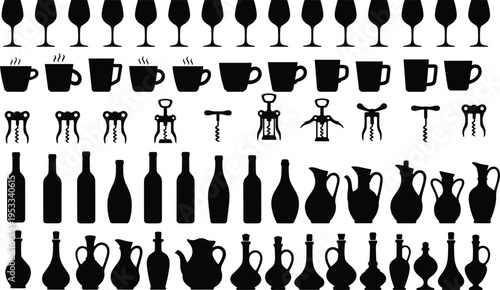 Collection of wine bottles glasses cups corkscrews and pitchers silhouettes isolated on white background for beverage bar restaurant and kitchen design
