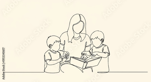 Mother reading book with two children family bonding educational activity home learning togetherness illustration line art