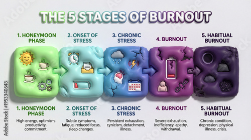 Burnout stages infographic explains progression. Burnout chart tracks honeymoon phase, stress onset, chronic stress, burnout, habitual burnout for workplace wellness, mental health awareness