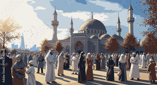 Large crowd of people in traditional attire gathered outside a mosque with minarets and a dome under a partly cloudy sky.