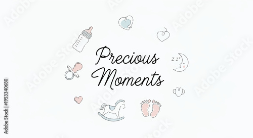 Precious moments concept with baby items and icons in minimalist style on white background