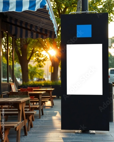 A blank digital billboard in an outdoor seating area