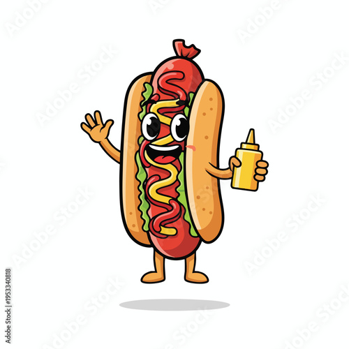 A cheerful cartoon hot dog with arms, legs, and a condiment bottle, waving