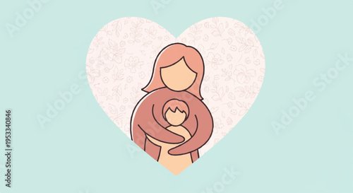 Mother and child hug in pink heart shaped love symbol on blue background tender moment