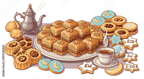 Flat lay of assorted traditional Eid desserts and tea on a white background with a teapot and cup.