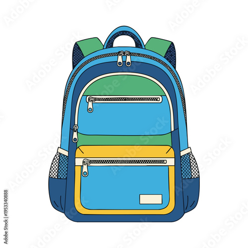 Blue backpack with green and yellow accents and multiple zippered pockets