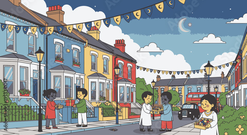 Illustration of a vibrant street scene at dusk with people socializing in front of colorful houses adorned with festive bunting under a partly cloudy sky.