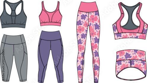 Flat Vector Illustration of Women's Activewear Collection Featuring Floral Print Leggings Sports Bras and Yoga Capri Pants in Pink Purple Gray