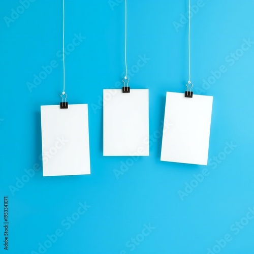 Three blank white cards hanging on strings against a blue background