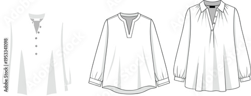 Flat Vector Illustration of Women's Long Sleeve Blouse Technical Sketches Featuring Button Placket V-Neckline and Collared Tunic Tops Fashion Templates