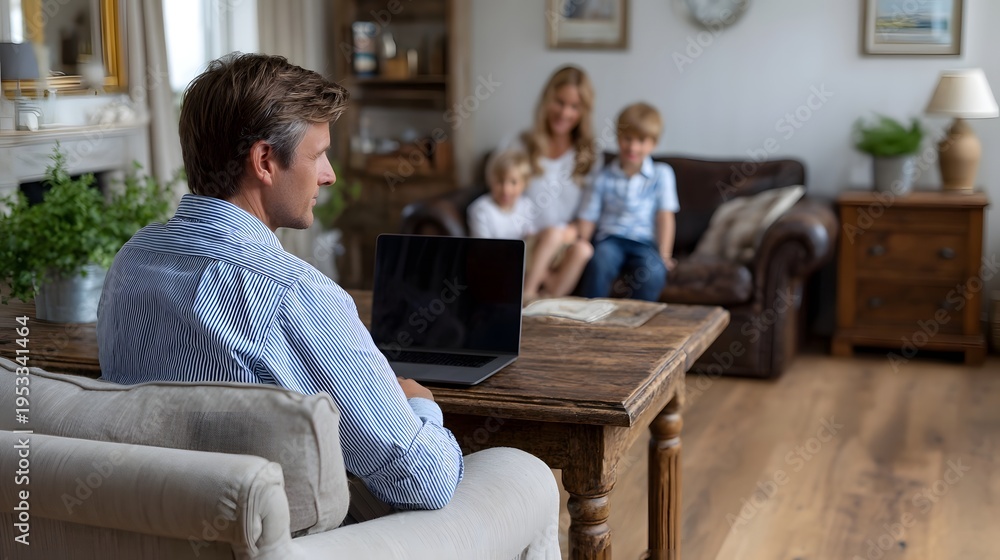Fototapeta premium A man works on a laptop in a cozy living room while his family relaxes on the couch nearby