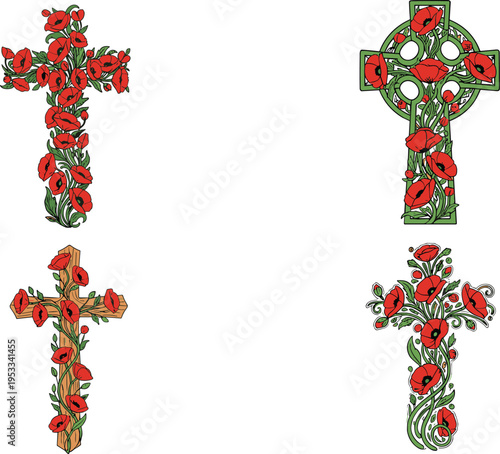 Set of four Christian and Celtic crosses decorated with red poppies for Remembrance Day, memorial service, and religious floral symbolism.