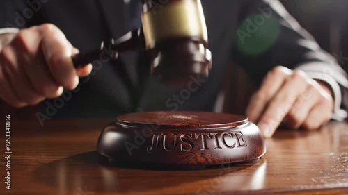 Wooden judge gavel and block on a mahogany desk representing patent law litigation justice and authority within the legal system courtroom environment for intellectual property rights protection.