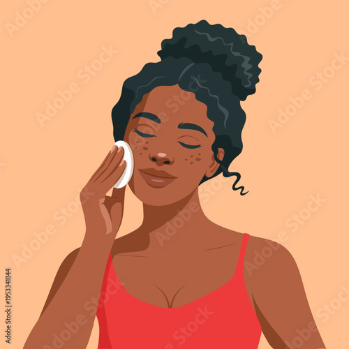 Black woman cleaning her face skincare concept flat design