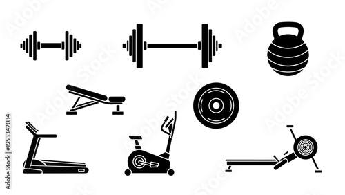 Minimal Black Fitness Icon Set – 8 Gym Equipment Solid Icons