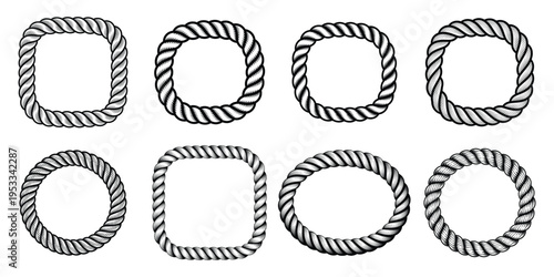 Engraved Three Strand Rope Frame Set, Premium Engraved Rope Border Frame Collection, Circle, Square, and Oval Variants in Detailed Crosshatch Illustration