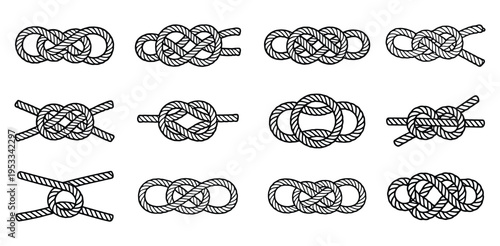 Extended Nautical Rope Knot Outline Set, Complex Rope Knot Fine Outline Illustration Chart with Square, Reef, Carrick, Crossing, and Chain Loop, Sailor Rope Knot Fine Linework