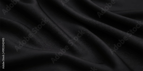 A luxurious black satin fabric background featuring smooth silk waves and a shiny textile texture creates an elegant dark backdrop for fashion and luxury decoration
