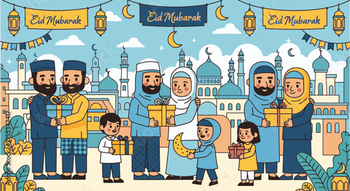 Illustration of a diverse Muslim family and friends standing together in front of a mosque with Eid Mubarak banners, conveying a festive and joyful atmosphere with blue and yellow tones.