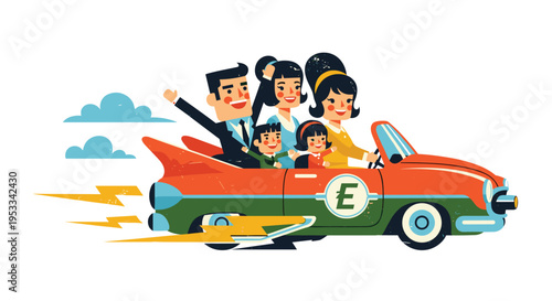 A smiling family of five rides in a retro-futuristic orange and green flying electric car with lightning bolts in a clear blue sky.