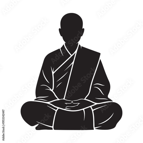 Minimalist silhouette of buddhist monk meditating in lotus pose on white ground