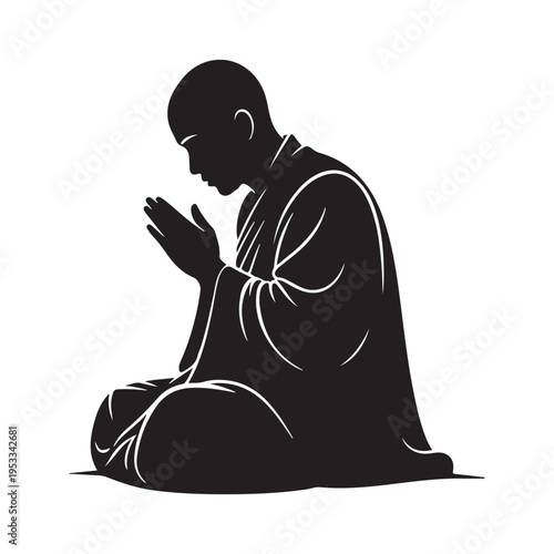 Minimalist silhouette of buddhist monk meditating in lotus pose on white ground