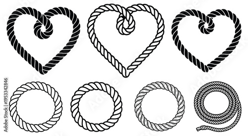 Rope Heart Frame and Coiled Circle Set, Rope Heart Shape and Circle Frame Collection, Bold Fill, Knotted Center Outline, and Open Strand Styles