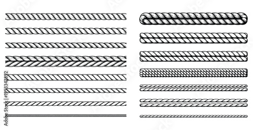 Rope Line Stroke Texture Set, Comprehensive Rope Stroke Line Texture Library with Sixteen Horizontal Divider Variants, Rope Border Line Divider Collection