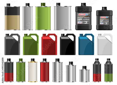 Multiple containers of various shapes and colors are displayed in a group.