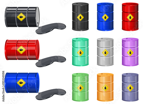 Colorful oil drums with spills on a white background showing liquid waste.