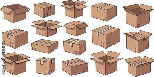 Brown cardboard carton set for shipping and delivery logistics