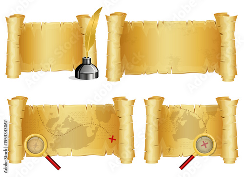 A collection of scroll illustrations including a treasure map and writing set.