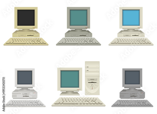 Collection of Vintage Desktop Computers Isolated on a White Background.