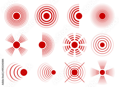 Red concentric circles, varying designs, isolated on a white background.