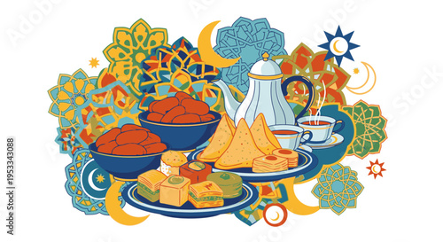 Vibrant flat lay of traditional Middle Eastern sweets and tea on a decorative plate with intricate patterns and symbols.