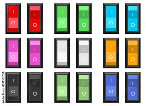 Collection of colorful electrical switches aligned in rows and columns