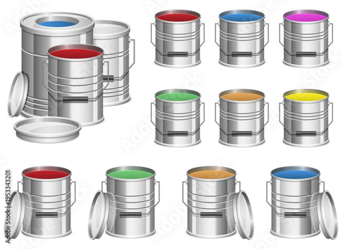Collection of various paint cans with lids isolated on a white background.