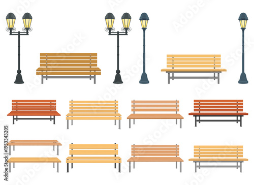 A diverse collection of wooden park benches paired with vintage lamp posts.