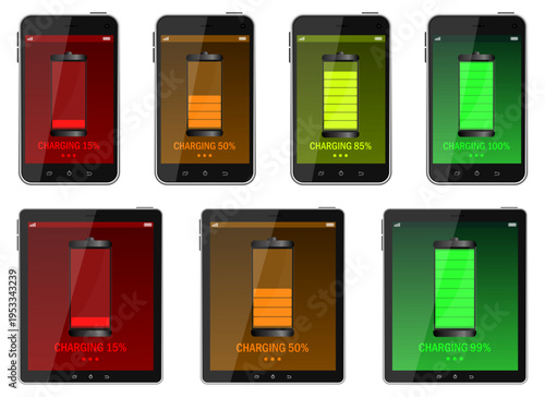 Mobile devices with varying battery levels displayed on the screens.