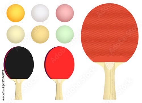 Table tennis paddles and balls of assorted colors for indoor game playing.