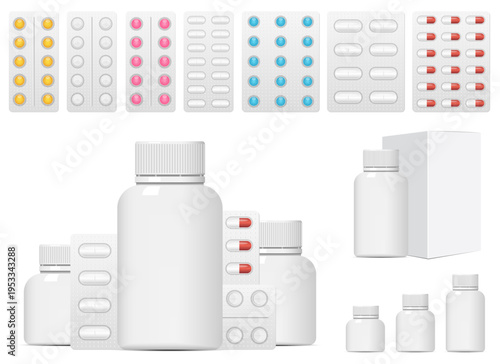 Medications on white background: Pill packs and bottles on white surface