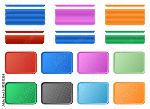 Colorful plastic trays stacked and displayed in a neat and organized fashion