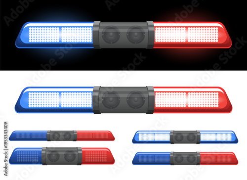 Emergency lights bar illustration with bright red and blue flashing lamps.
