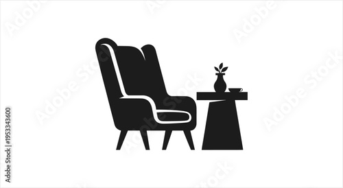 Elegant armchair and side table with vase silhouette.