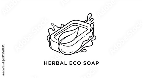 Herbal Eco Soap Bar with Leaf and Splashes Line Art.