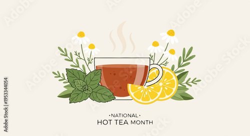 Steaming cup of tea with lemon and herbs on a beige background for national hot tea month