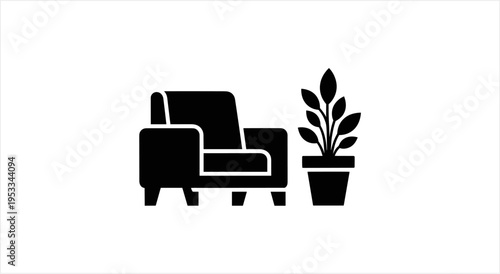 Minimalist Armchair and Potted Plant Icon for Interior Design.