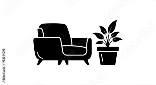 Minimalist Armchair and Potted Plant Silhouette for Interior Design.