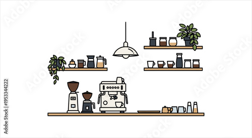 Minimalist coffee bar setup with espresso machine and shelves.